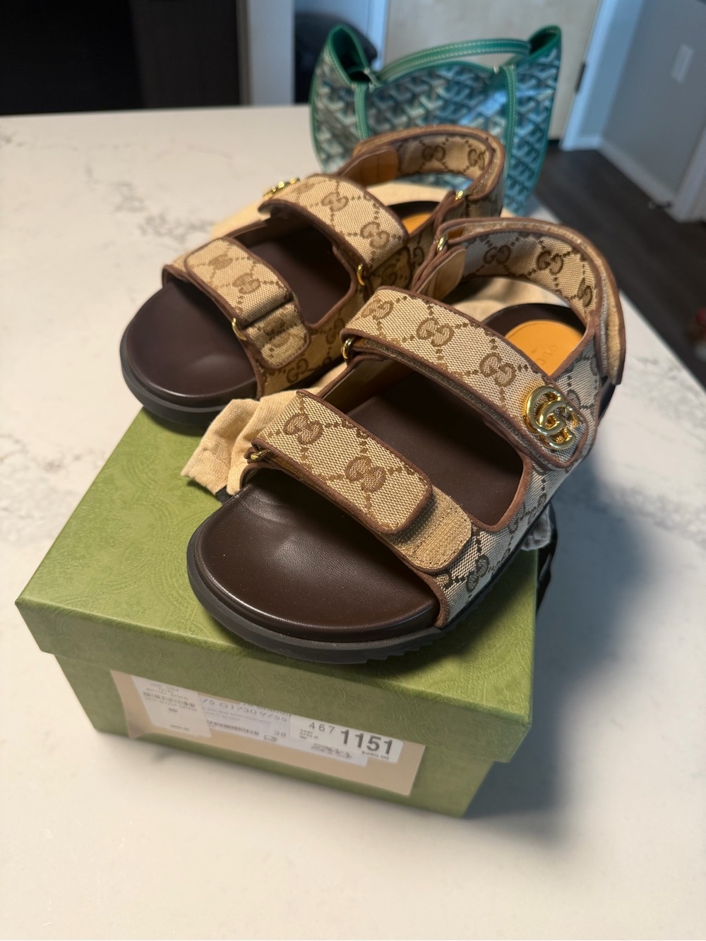 Gucci Beige GG Canvas Brown Footbed Velcro Sandals with Gold Double G